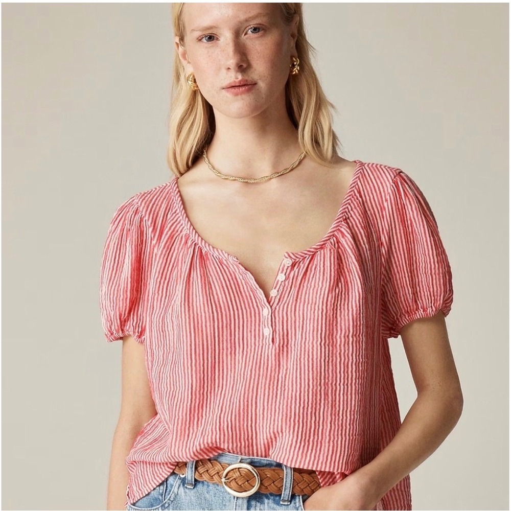 J. Crew Puff Sleeve Henley Top Red White Stripe Cropped Cotton Gauze Size Large - Picture 4 of 9